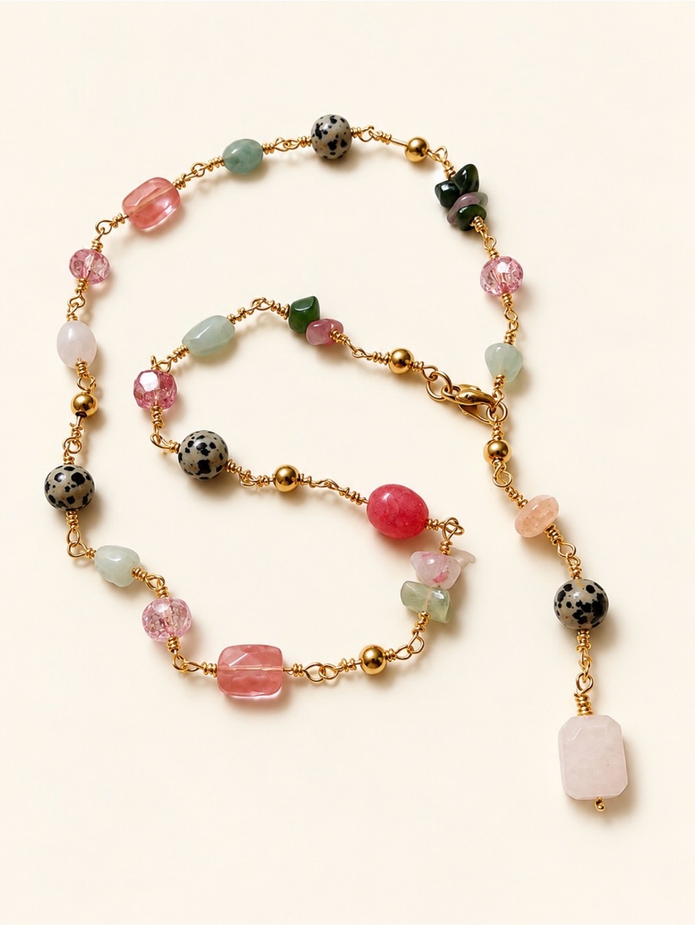 Handmade Multicolor Gemstone & Gold Bead Necklace — Pink, Green, Black Spot